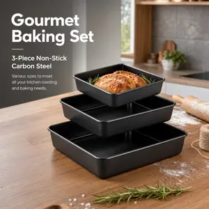 3-piece non-stick square baking pan set, heavy-duty high-temperature resistant oven baking trays, easy-release molds, suitable for cakes, brownies and homemade baked goods.
