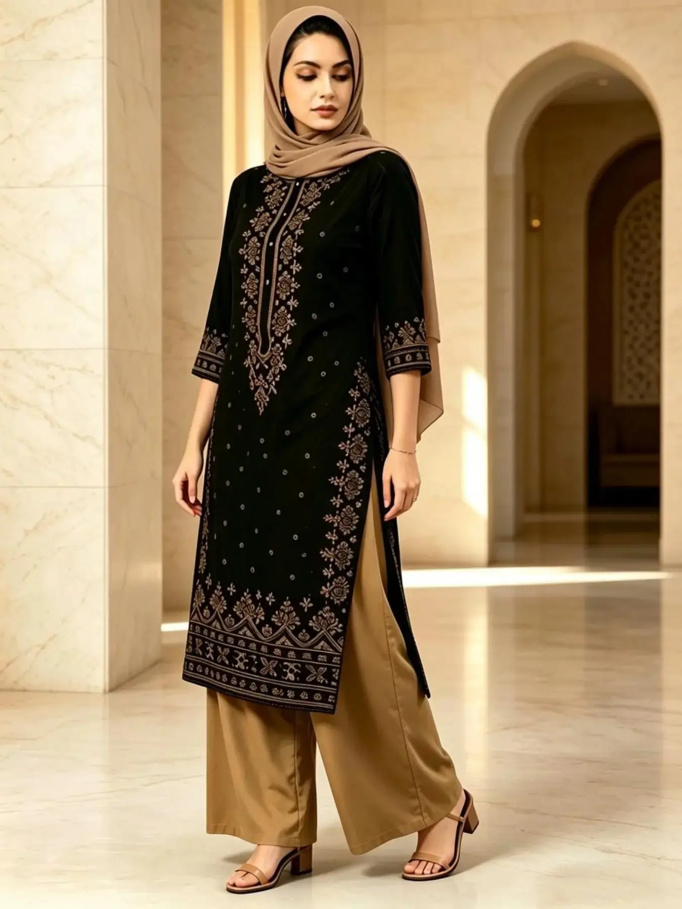 Women's Gold Embroidered Simple Kutti Two-Piece Set, Islamic Clothing Set, Floral Embroidery, Long Sleeve, Casual, All Seasons, Mosque Worship, Family Gatherings