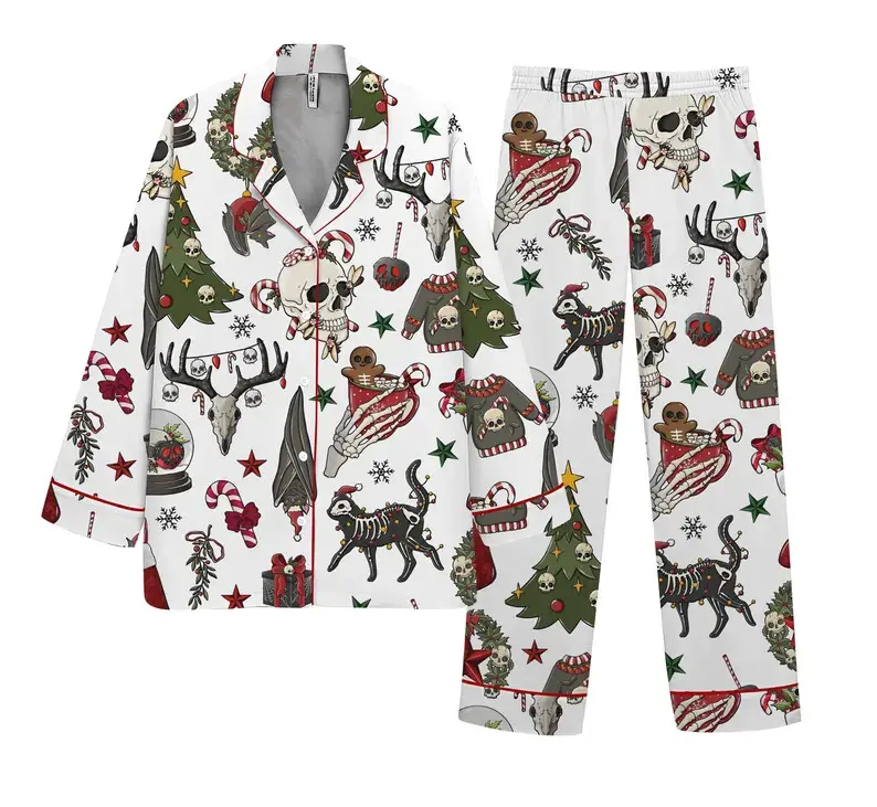 Skull & Candy Cane Pajama Set, Gothic Holiday Satin Sleepwear, Dark Christmas Lounge Wear, Spooky Winter Nightwear Gift for Women