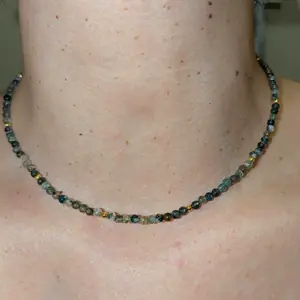 Natural Green Crystal Gemstone Stone 3mm Round Bead Small Tiny Dainty Simple Moss Agate Choker Necklace, Healing Protection Calming Women Boho Style Layering Stackable Necklace