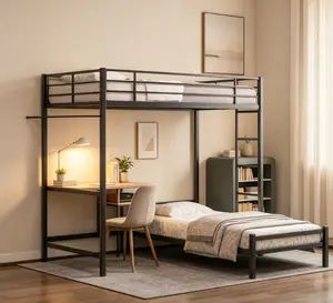 Twin Over Twin Bunk Bed with Desk Station L-shaped Metal Frame Storage Shelves Drawers Safety Guardrail Ladder for Teens Black Space-Saving Design with Study Desk and Electrical Outlets