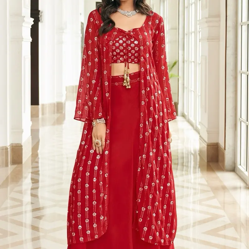 Red Indo-Western Crop Top & Skirt Set with Shrug
