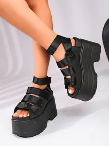 2026 Spring Summer New Thick Sole Velcro Mid Heel Sandals, Casual British Style, Bare Color Boho Beach Shoes, Outdoor Hiking Walking Shoes, Casual Trendy Sandals