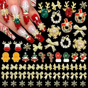 52Pcs Christmas Nail Charms - Gold 3D Bow Snowflake Elk Charms with Gems Rhinestones Accessories Metal Nail Art Supplies Winter Holiday Decorations