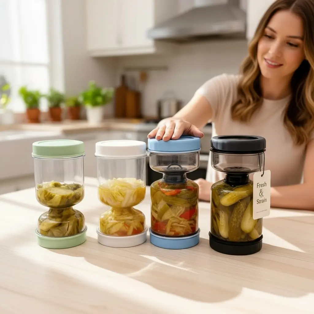 Minimalist 2-Part Round Durable Glass Pickle Jar - Airtight Silicone-Sealed Leak-Proof Kitchen Preserving Containers, Compact Reusable Non-Disposable Kitchen Utensils Accessory, Non-Microwave Safe Food Canister, Not Disposable