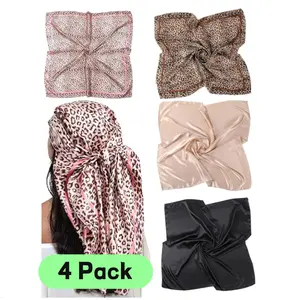 4 Pack Women' Large 35" Y Satin Headbands & Scarves - Multi-Color Square Bandanas Suitable for Hair, Head Wraps, Ponytails, Braids |   Black, Camel, Leopard Pink, Khaki |   Versatile Hair for Braids, Buns, Everyday Style