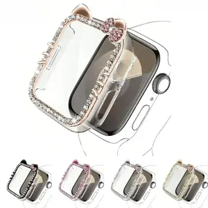 Protective Case for iWatch 2-in-1 Case with Cartoon Cat Ears & Rhinestone (Tempered glass screen protector not included), Compatible with Series SE/11/4–10 (40–46mm), Cute Durable Anti-Drop Design for Everyday & Spring Wear