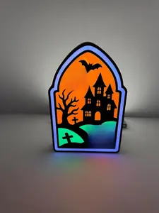 Haunted House Halloween Display - Glowing Spooky Scene with Remote-Controlled LED Lights - Decor for Parties, Mantels, and Trick-or-Treat Setups - Multicolor Lighting Effects