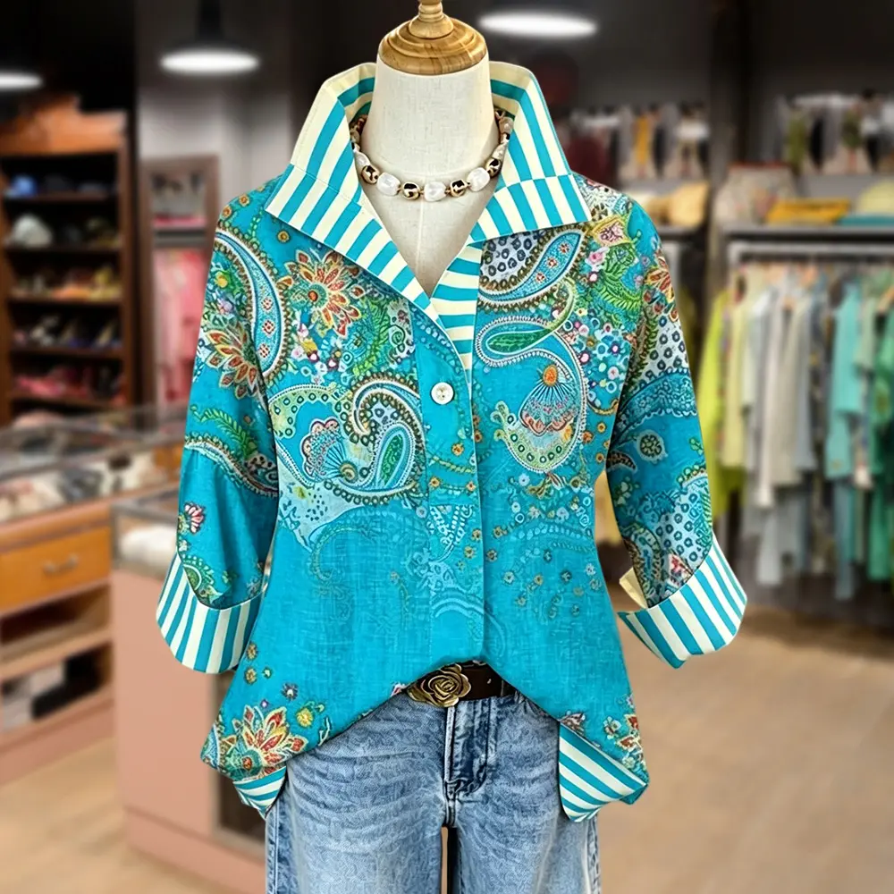 Cherrybetty Vintage Paisley Print Striped Collar Blouse Going Out Tops Plus Size Summer Outifts Shirts For Women Plus Size Fashion Chic Tops Summer Outfits Women