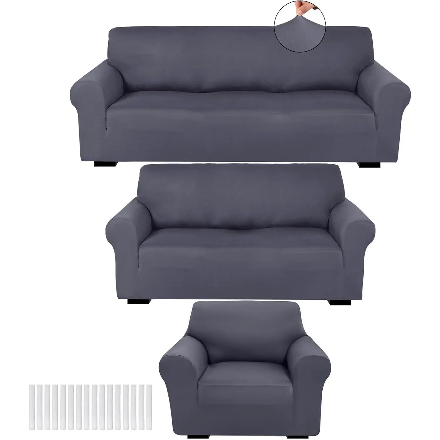 3-Piece Elastic Sofa Slipcover Set, Universal Sofa Protector with 360° Full Cover, Form-Fit Stretch Milk Silk Spandex Furniture Cover for Loveseat & Armchair, Wrinkle-Free (Dark Gray)