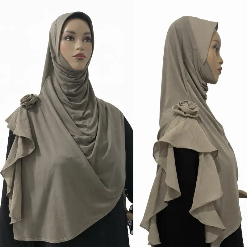 Moss grey Rosette Grace Instant jersey Hijab with chiffon 3D Rose Accent shoulder panel