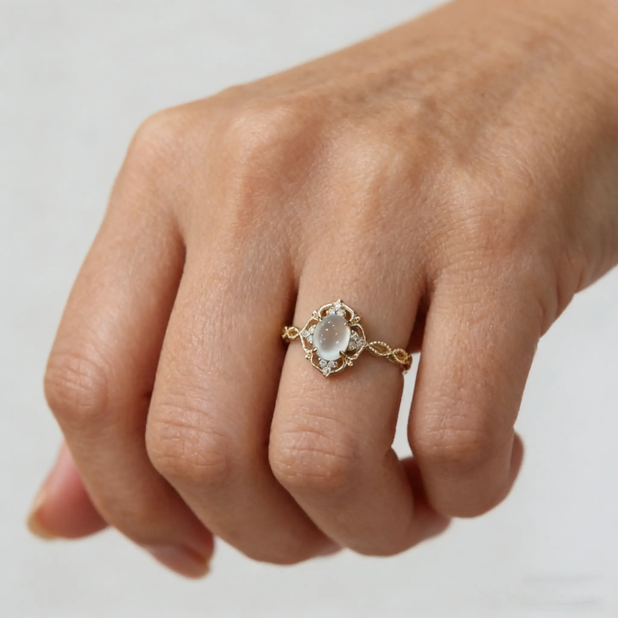 Women's Minimalist Vintage Gold Coated Metal Ring - 0.787*0.787*0.394 in Round Moonstone Center, Zircon & Moissanite Accents, Plain Surface, Unique Shape, Elegant Casual Luxury Designer Piece, 10g, Ideal for Everyday Wear, Valentine's Day Gift