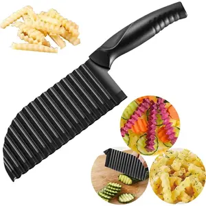 Crinkle Potato Cutter 2.9" x 11.8" Stainless Steel Waves Fries Slicer Handheld Chipper Chopper, Vegetable Salad Chopping Knife Home Kitchen Wavy Cutting Tool, Black (1 Pack)