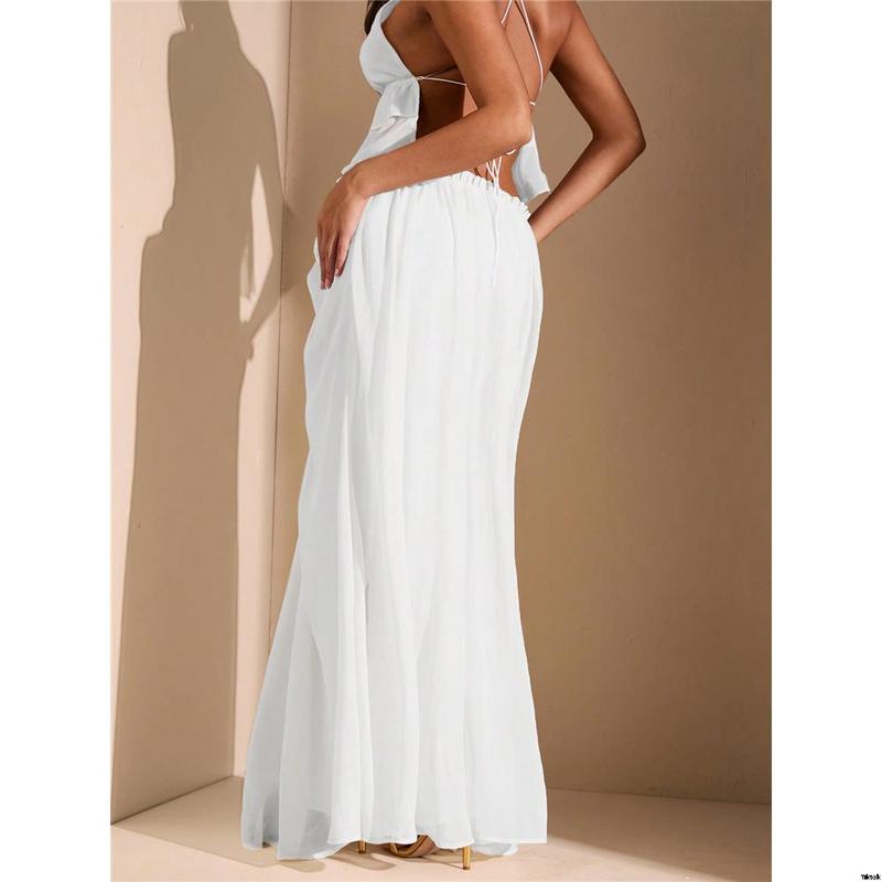 Date Beach Holiday , Women For Maxi Slit High Ruched Asymmetric White BAE tiktok White Skirt Vacation