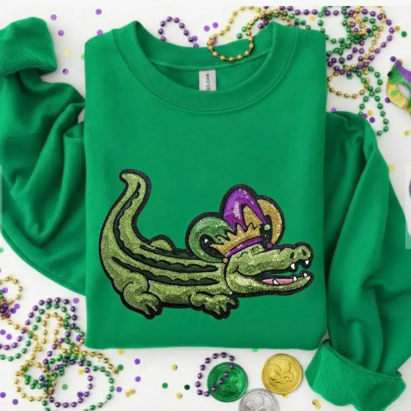 Sequin Mardi Gras Party Alligator with Crown Sweatshirt in Green, Purple, Lilac