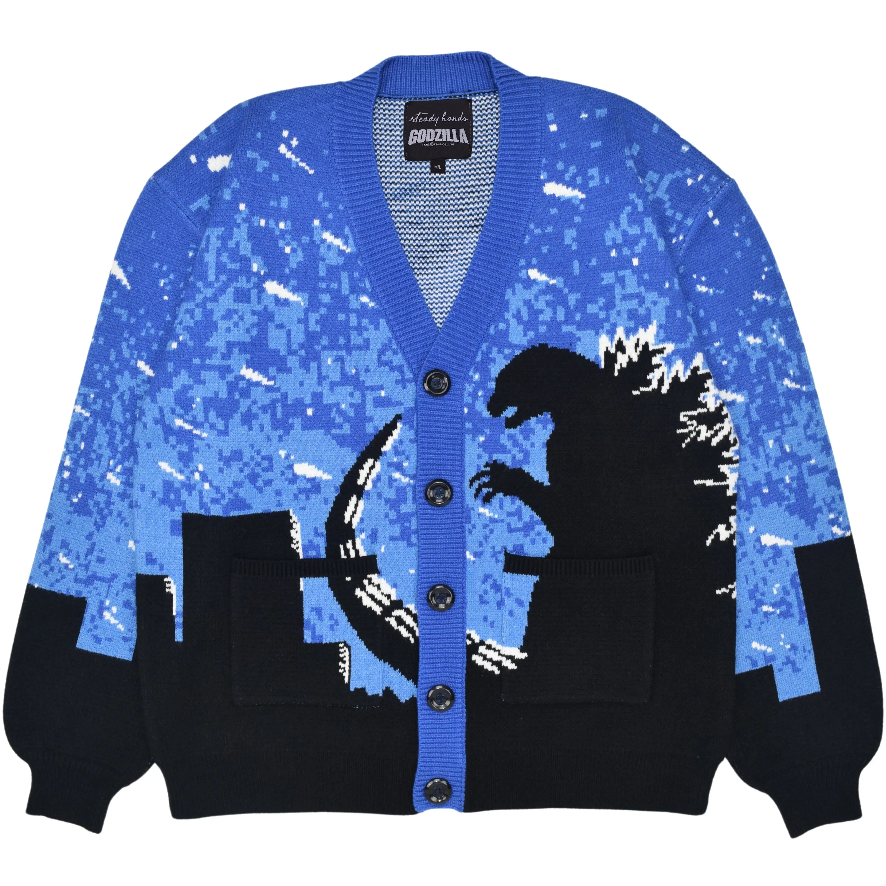 Steady Hands Godzilla Silhouette Knit Cardigan Blue Black Kaiju