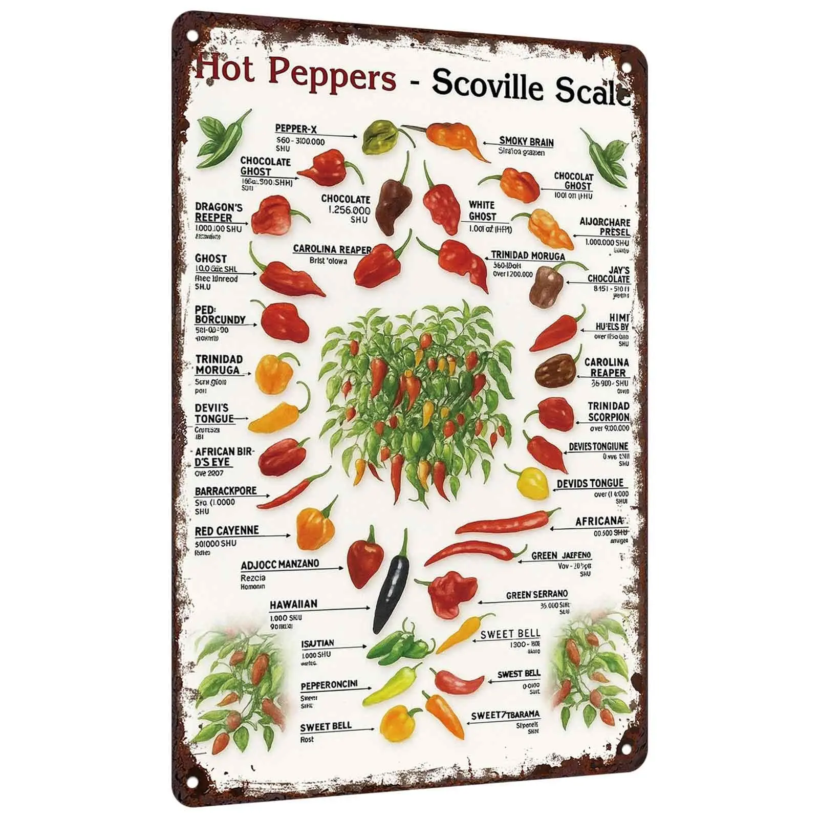8x12 In Vintage Hot Peppers Scoville Scale Metal Tin Sign, Decorative Wall Plaque for Kitchen, Gift for Chili Lovers