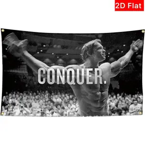 Arnold Schwarzenegger Conquer Motivational Inspirational Flag Banner, 2D Flat Office Gym Wall Decor, Durable Man Cave Poster, Man Cave Appeal