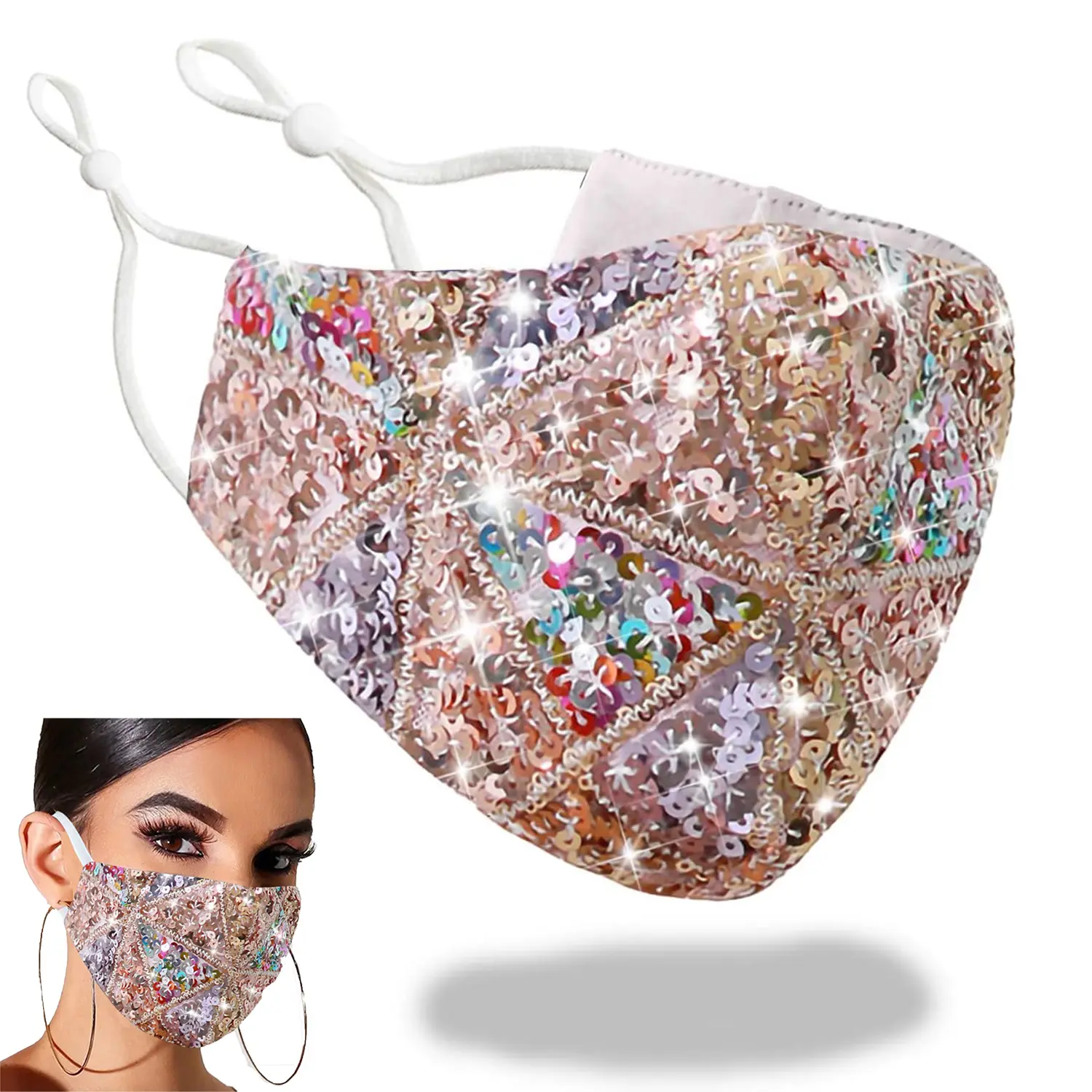 Sparkly Sequin Face Cover for Women, Glitter Cotton Sequins Reusable Masquerade Face Covering, Fashion Shiny Face Mask for Halloween, Cosplay, Parties, Nightclubs and Music Festivals