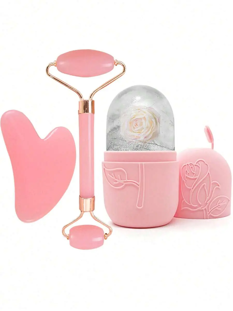 3-Piece Facial Skincare Tool Set, Ice Face Roller Mold, Dual-Ended Facial Roller & Gua Sha Scraper for Face & Eye Care