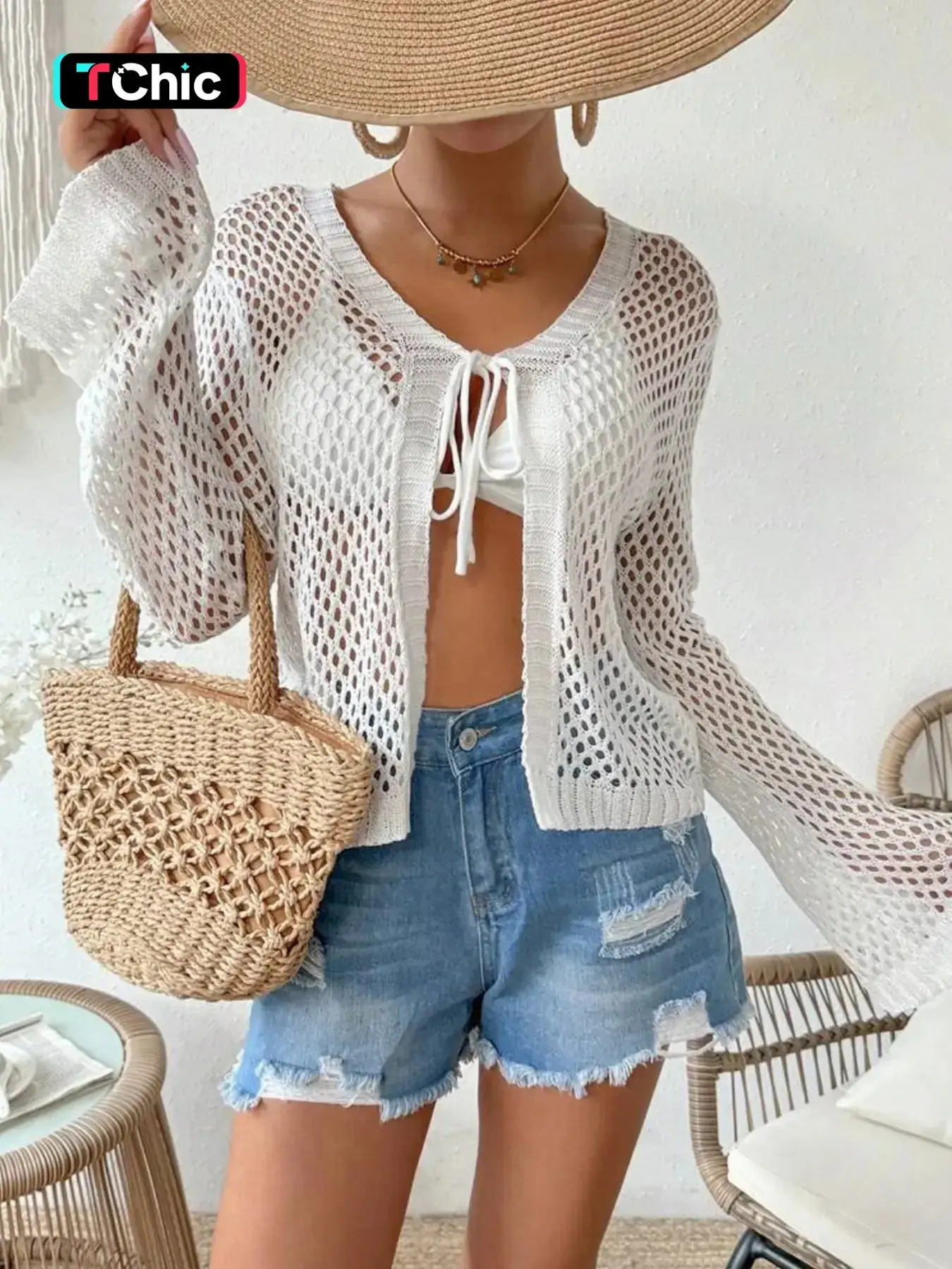 Women's Plain Hollow Out Tie Front Drawstring V Neck Cardigan, Casual Long Sleeve  Knitwear for Summer, Fashion Women's Knit Clothing for Daily Wear