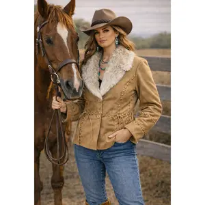 Ladies Faux Suede Jacket with cross stitch pattern and Fur collar