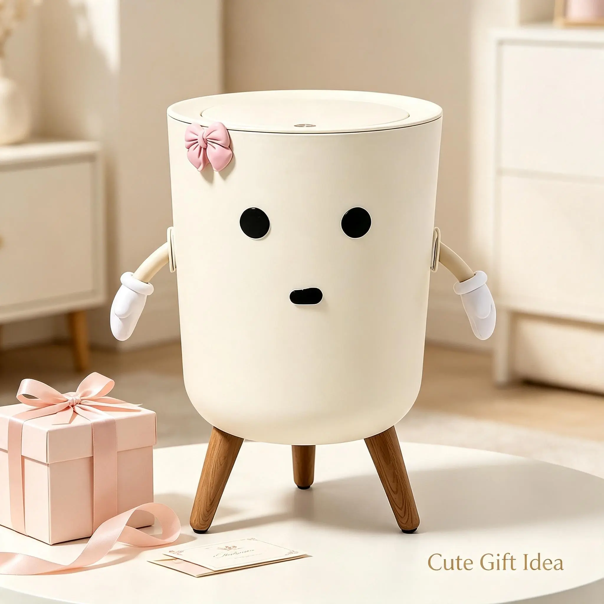 Cartoon-Style Press-Down Trash Can with Wooden Tripod Stand, Odor-Proof Lid, Liner-Securing Ring Clip, Smooth Movable Design - Casual Home Bin for Bedroom, Kitchen, Study - Decorative Home Care Supply