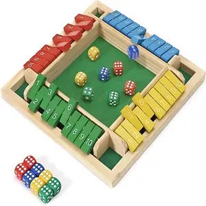 4 Player Wooden Dice Board Game Family Size, Four-Sided Flip Card Game Toys Educational Math Puzzle Board Game for Kids Adults Family Party Friends