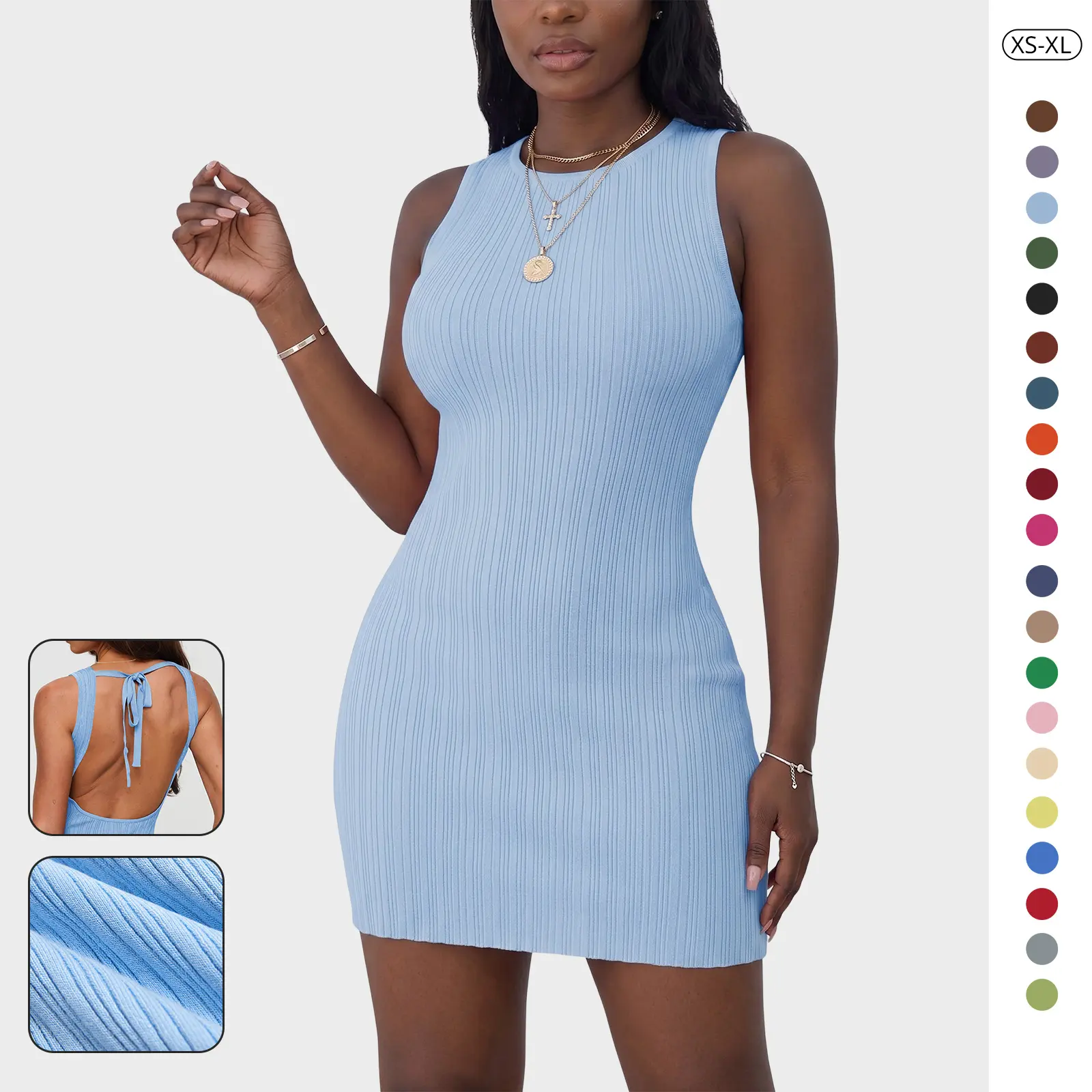 Wenrine Women's Summer Backless Sleeveless Tie-Back Slim Fit Knit Mini Bodycon Tank Dress - Pull-On Casual Cooling Wear, Machinewash Easy Going Out Outfit for Club Parties