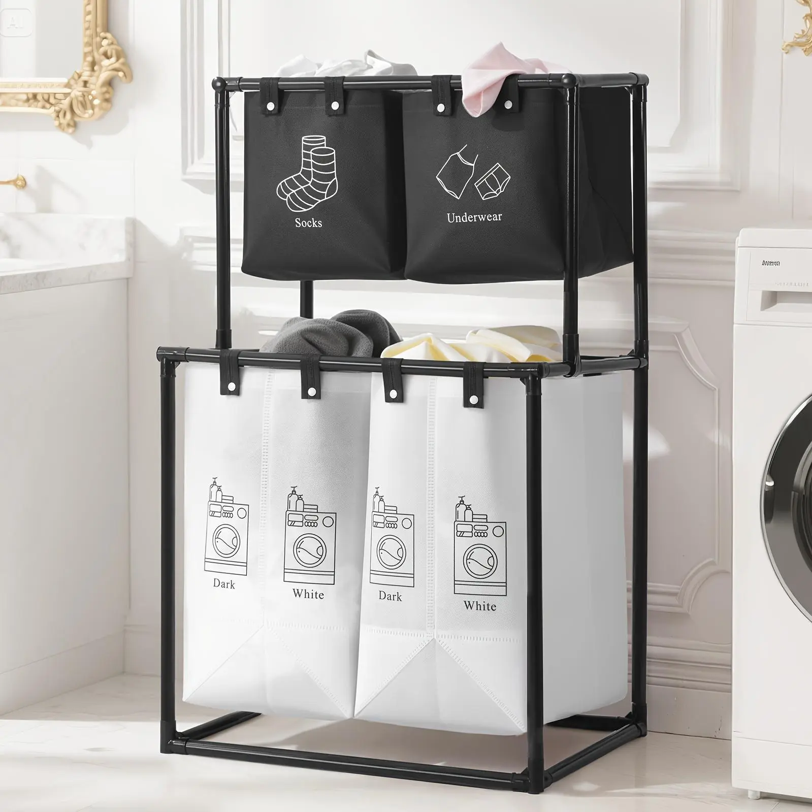 Double-layer Laundry Basket with Detachable Storage Box, No Wheels - Foldable Double-layer Laundry Sorter with Wheels - Oxford Cloth and Frame - Portable Clothes Basket for Kids, Adults, and Travel, Includes 10 Tie-down Straps for Securing