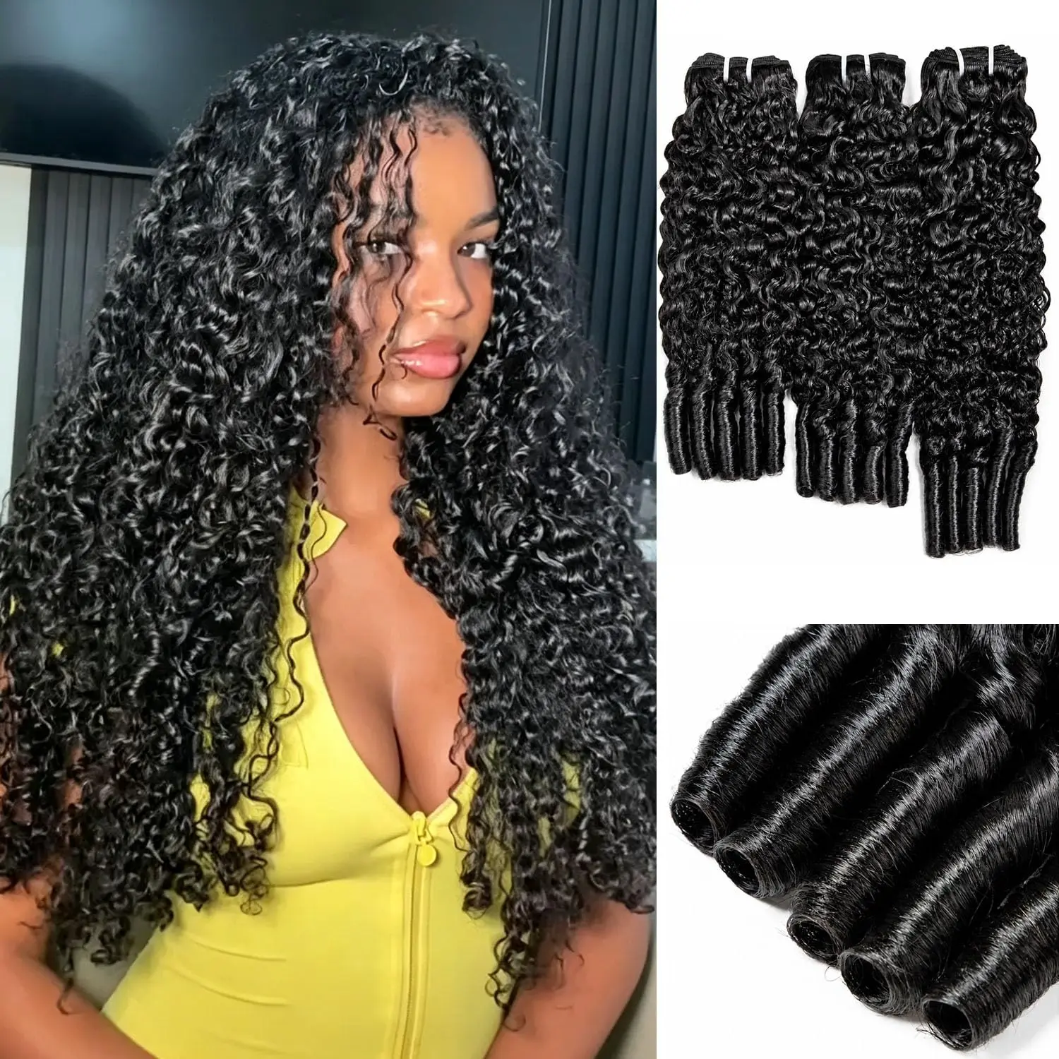 【50G/Pack】Burmese Curly Bundles Human Hair 3 Bundles 3C 4A Water Wave Spiral Curly Ends Human Hair Extensions for Black Women Natural Black 16-26 Inch Deep Curly Weft Wet and Wavy with Spiral Curls Double Weft Natural Black Hair Extensions