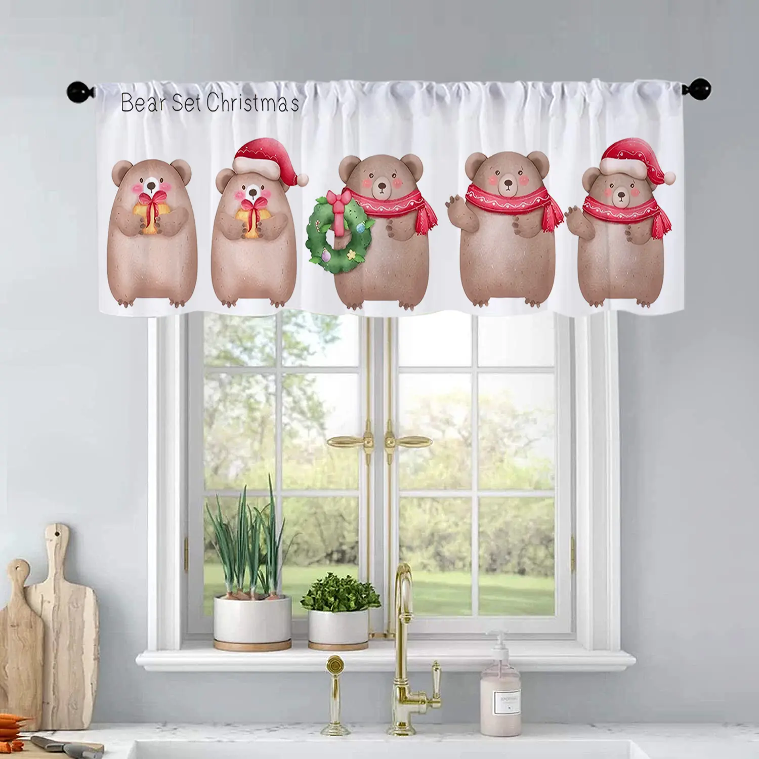 1Pc Christmas And New Year Printed Kitchen Curtains Set Bear With Christmas So Cute Curtains Curtain Valance Living Room Bedroom Bathroom Home Decor 54X18 Inch