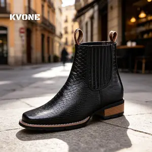 KVONE-Versatile Men's Chelsea Boots,Crocodile Pattern Square Toe Slip-on Chelsea Ankle Boots, British Retro Leather Boots, Versatile for Various Occasions,comfortable security footwear, outdoor casual closed-toe style