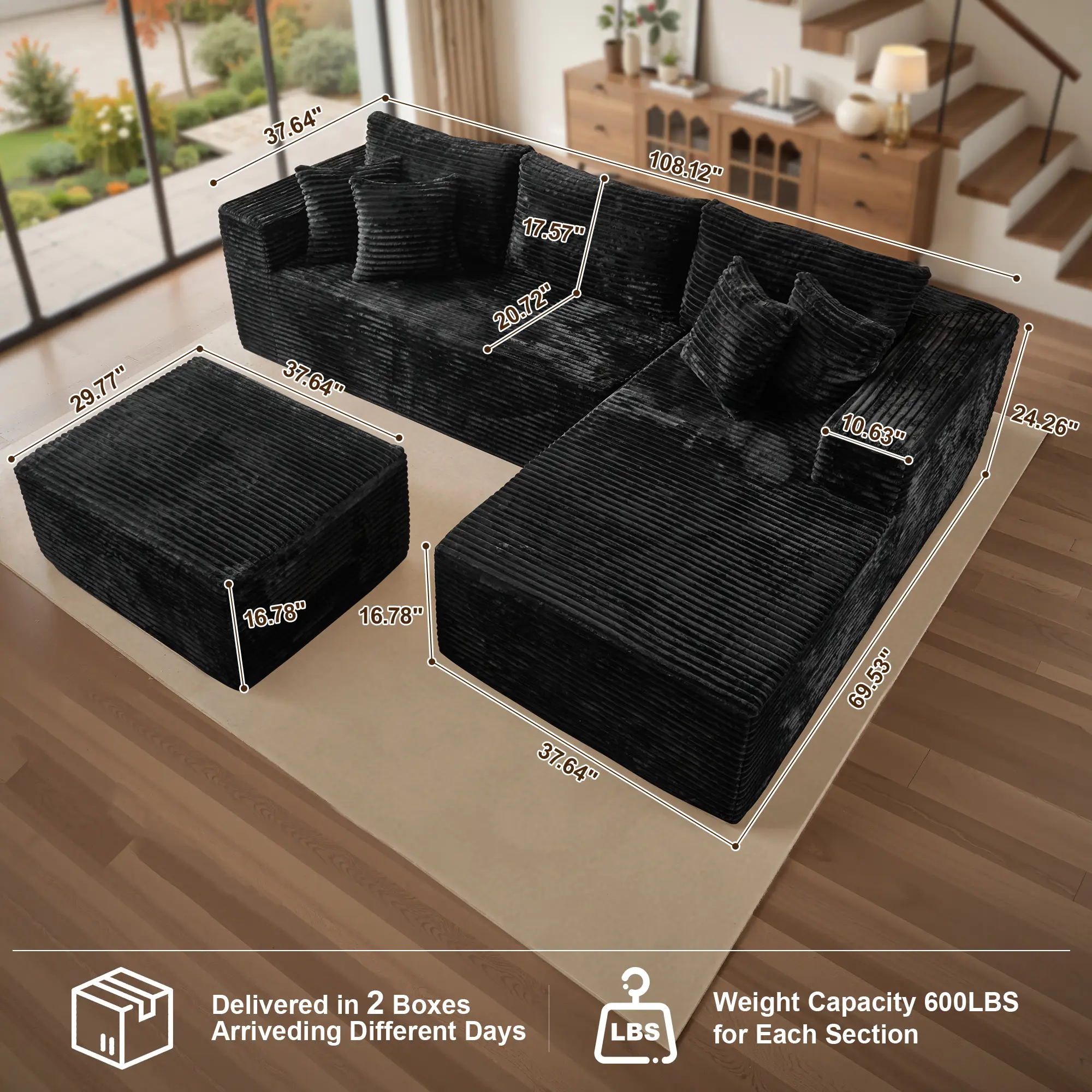 Black Right-Chaise Sofa with Ottoman