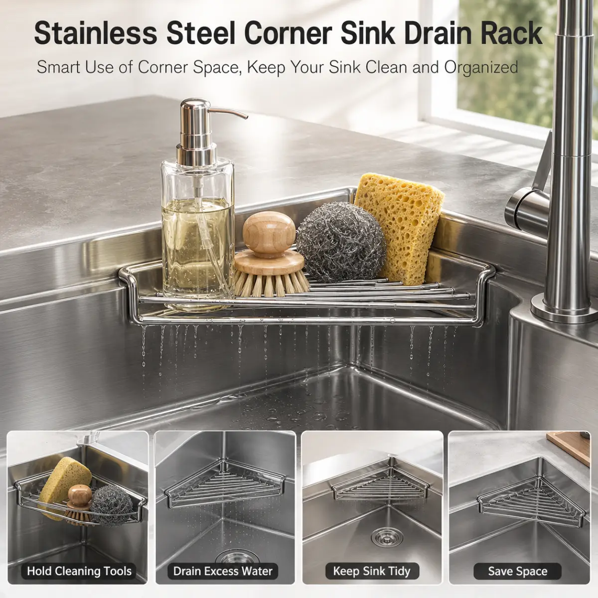 Stainless Steel Corner Sink Shelf with Triangular Open Wire Rack Design, Drainage and Raised Side for Daily Sink Areas Organizer Sponge Holder Cloth Rack Brush Rest Triangular Shelf Open