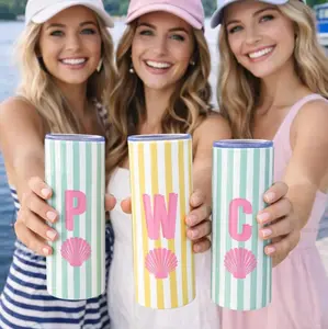 Personalized Seashell Cabana Stripe Vacation Tumbler Custom Initial Beach Girls Trip Cup Coastal Aesthetic Bachelorette Gift, Insulated 20oz Travel Mug for Family Vacation