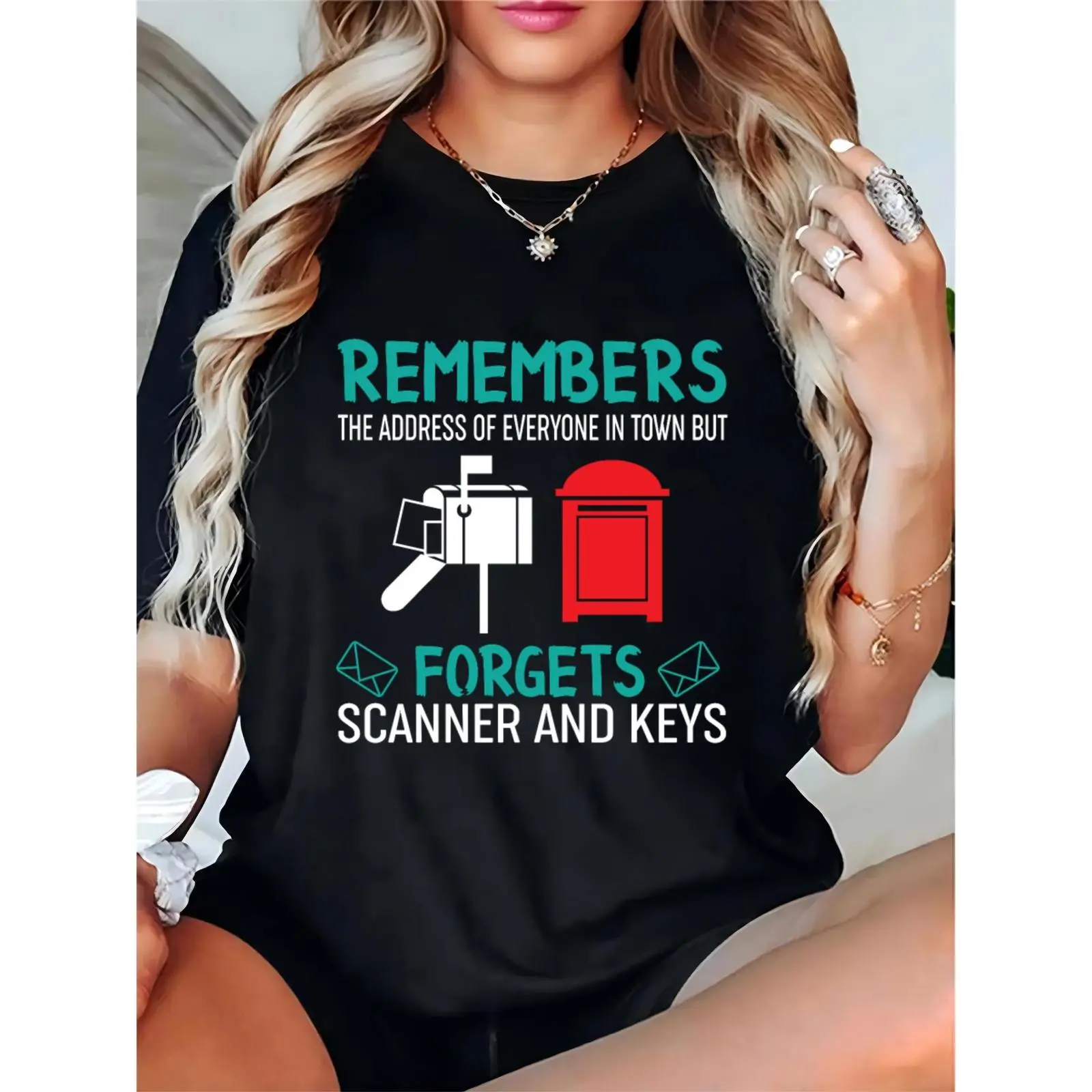 Women's Regular Fit Round Neck Short-Sleeve Postal Worker T-Shirt - Feminine, Simple Clothes, Funny Mailbox Envelope Graphic, Forgets Scanner & Keys But Remembers Everyone’s Address, Casual Daily/Workwear Black Top