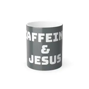 Caffeine & Jesus Color Morphing Mug, 11oz Ceramic Cup for Coffee Lovers, Unique Gift for Christmas, Birthday, or Religious Celebrations