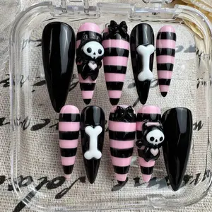 Goth Kawaii 3D Press On Nails: Pink Black Stripes and Skeleton Charms