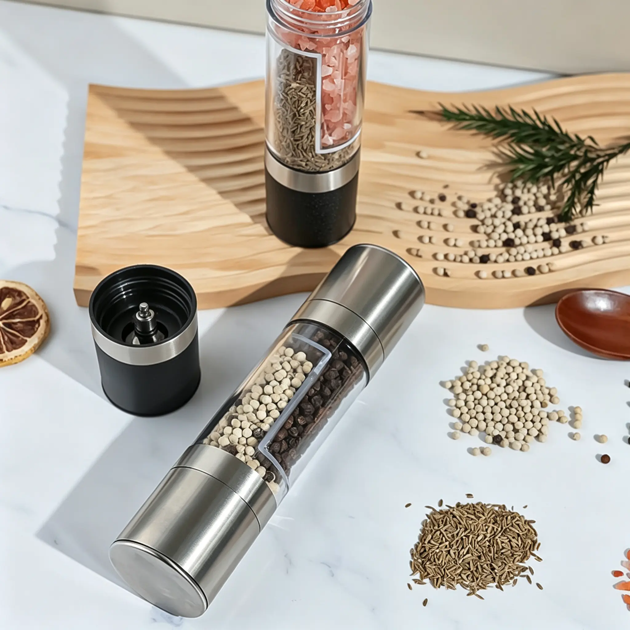2-in-1 Dual Chamber Salt and Pepper Grinder Mill, Adjustable Coarseness Manual Spice Grinder with Visible Acrylic Storage Container, Refillable Handheld Seasoning Tool for Sea Salt, Black Pepper, Cumin, Kitchen Gadget