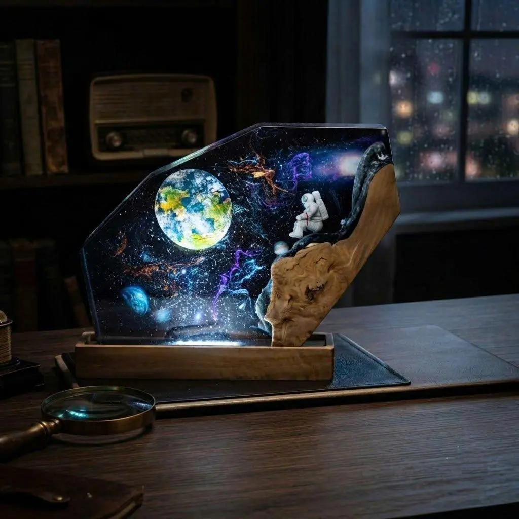 Handcrafted Epoxy Resin Wood Galaxy Night Light with Astronaut, Planet Universe Art Lamp, USB Powered, Remote Control Decor, Unique Gift for Space Lovers, Boys Room
