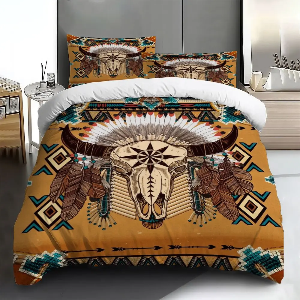 Three-piece bedding set - 2pcs/3pcs 2D Flat Orange background with Indian cow bone and feather pattern (1 duvet cover + 1/2 pillowcases, no insert), multi-color printed bedding set, soft and comfortable, suitable for family bedrooms and guest rooms.