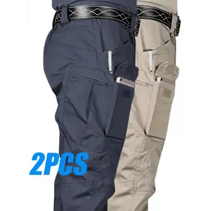 2pcs Set, Men's Outdoor Tactical Cargo Pants, Multi-functional Pockets, Lightweight,, Wear-Resistant Work Pants, for Camping Hiking Fishing, Suitable for Spring Summer and Autumn Seasons Menswear Polyester Fabric Beige Plain Shoe Musical Tropical