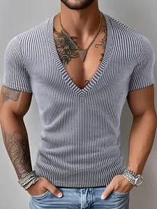 Men's Textured Deep V Neck Short Sleeve Sport Shirt, Soft Stretchy Random Print, Fashion Outdoor Athletic Top, Comfortable Fit