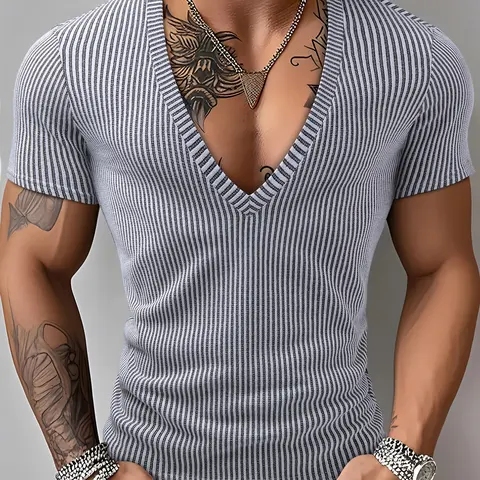 Men's Textured Deep V Neck Short Sleeve Sport Shirt, Fashion Soft Stretchy Comfortable Outdoor Athletic Top, Casual Athletic Apparel, Comfortable Fit, Gym Performance Top, Athletic Running Shirts, Fitness Workout Shirt, Workout Tops