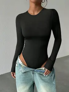 Women's Slim-Fit Fall Winter Bodysuit, Casual Basic Round Neck Long Sleeve Underwear, Moderate Fabric Thickness, Comfortable & Stylish Clothes