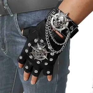 Steampunk Biker Leather Gloves Mens Skull Punk Rock Gloves