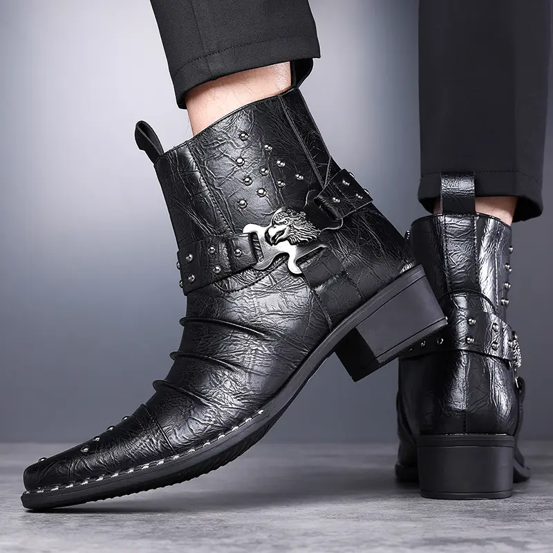 Men’s classic Chelsea boots in fashionable PU leather with a crinkled leather finish and stud detailing, featuring a metal buckle design; slip-on mid-calf dress shoes suitable for various occasions—all-season wear.