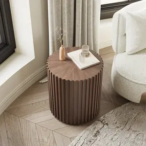 Fluted Round End Table, Mid Century Modern Round Coffee Table, Minimalist Wood Coffee Table, Dark Wood, Fully Assembly, 20.08"