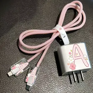 🌸 Pink Floral Letter A - Z iPhone Charger & Cable Protector Set | Anti-Break | Fits iPhone 17-11 Pro Max ,Charger protector, cable protector Cover,i dea gift, Lightning Connector